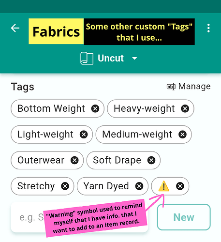Fabrics - some custom Tags
